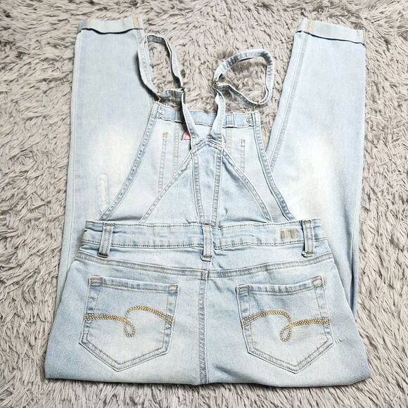 Justice Jeans Overalls Teens Juniors 12 Womens Light Blue Denim Skinny Cuffed - Picture 4 of 16